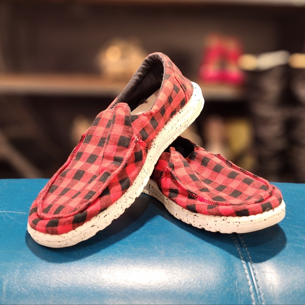 Hey Dude Red and Black Plaid Slip-On Shoes